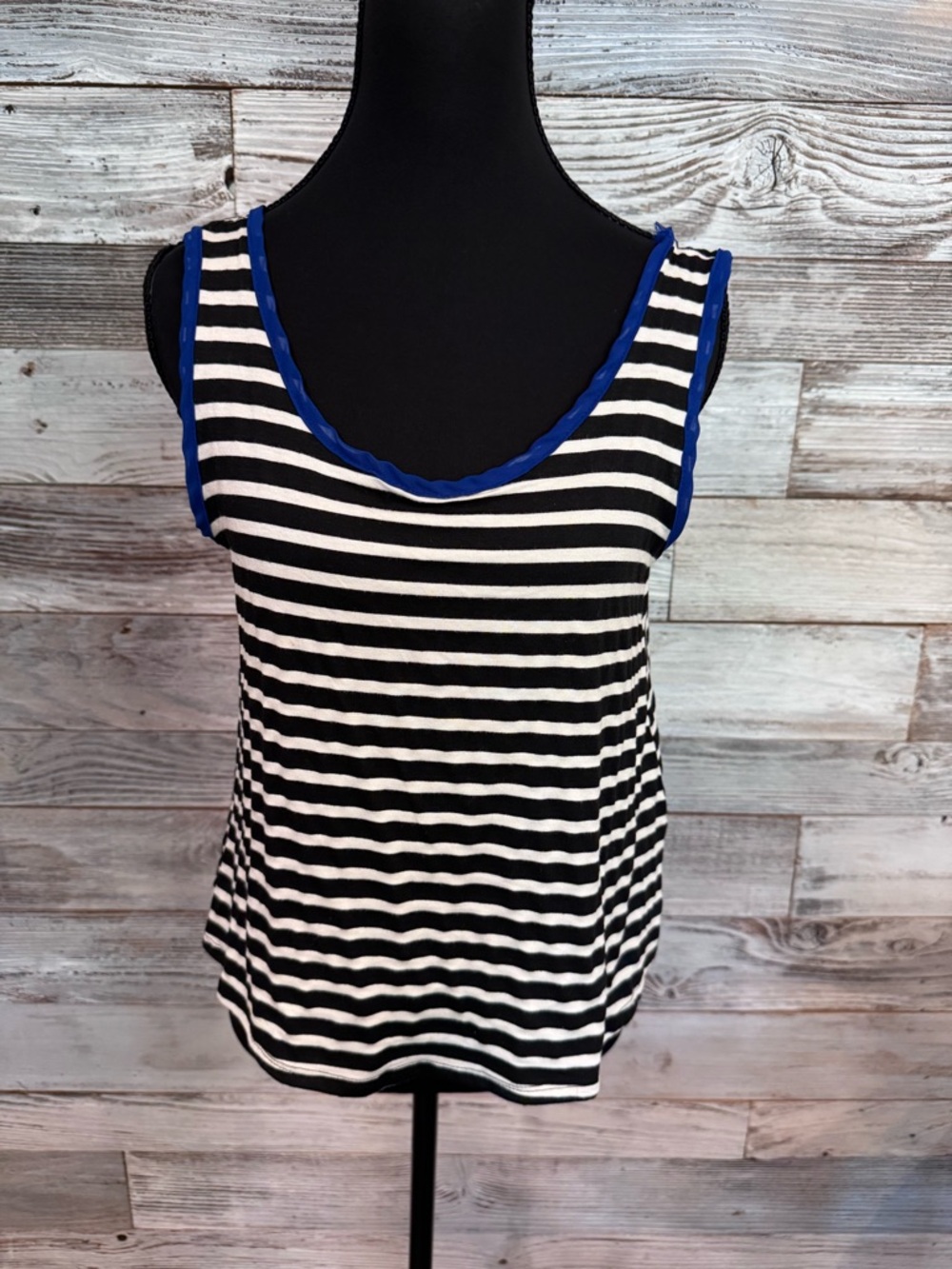 Black & White Striped Tank Top with Blue Trim & Bow On Back
